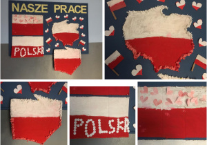 Wystawa prac uczniów z klasy 1c, 2a i 2b przygotowywanych z okazji Dnia Niepodległości. Biało-czerwone flagi z czerwonymi serduszkami oraz białym napisem Polska, mapy Polski malowane na biało-czerwono i wyklejane kulkami z bibuły, biało-czerwone serduszka i małe flagi.